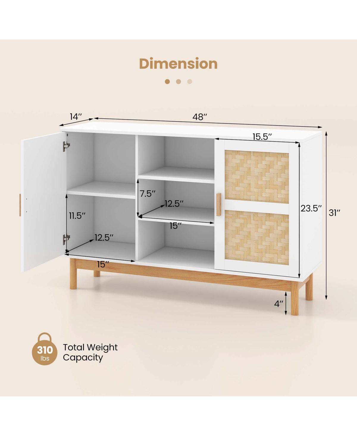 Costway Sideboard Buffet Cabinet with 2 Bamboo Woven Doors 3 Open Shelves for Kitchen