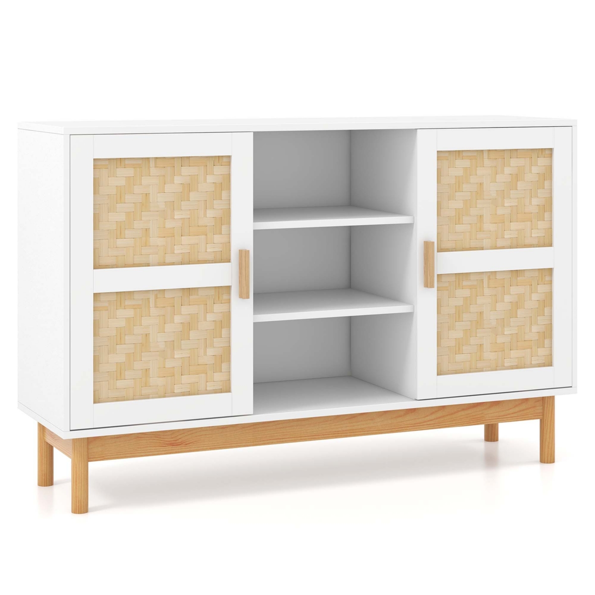 Costway Sideboard Buffet Cabinet with 2 Bamboo Woven Doors 3 Open Shelves for Kitchen