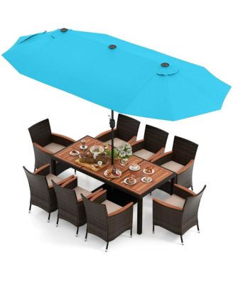 11 PCS Patio Wicker Dining Set with Double-Sided Outdoor Umbrella 8 Stackable Chairs