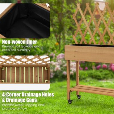 Wood Raised Garden Bed with Trellis Storage Shelf Wheels Liner Drainage Holes