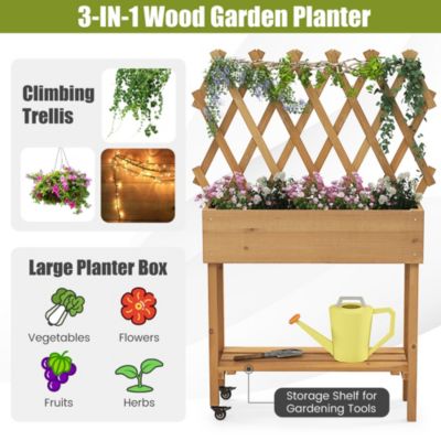 Wood Raised Garden Bed with Trellis Storage Shelf Wheels Liner Drainage Holes