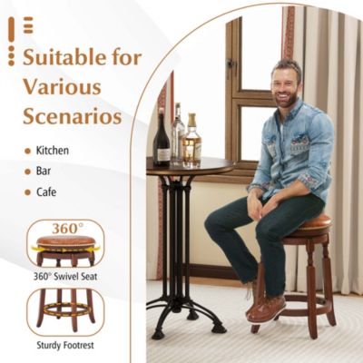 24" Swivel Bar Stool Set of 2 with Upholstered Seat & Rubber Wood Frame Round