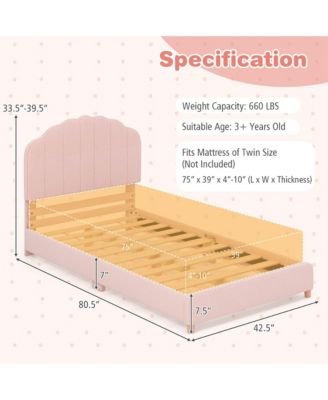 Kids Twin Platform Bed Frame Upholstered Twin Size Bed with Wooden Slats Support
