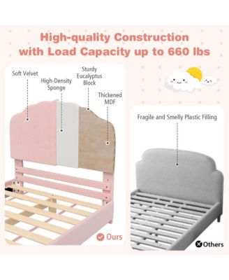 Kids Twin Platform Bed Frame Upholstered Twin Size Bed with Wooden Slats Support