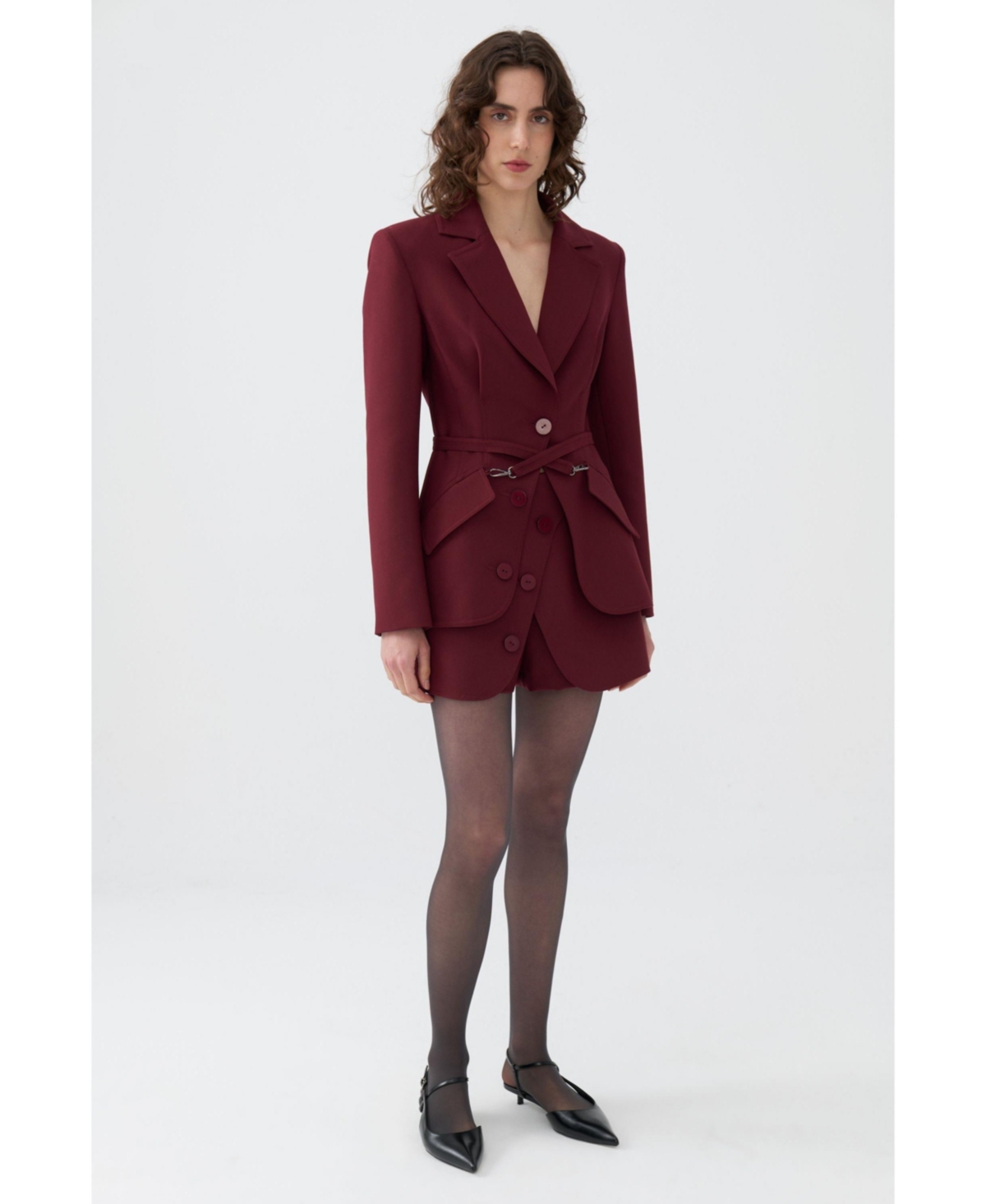 Women's Belted Blazer Jacket - Burgundy