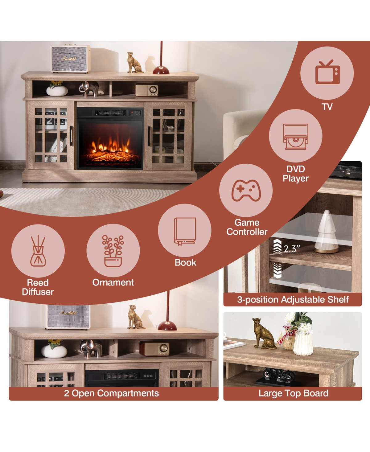 Gymax 48'' Tv Stand Console Cabinet w/ Fireplace Entertainment Center For Living Room- Natural