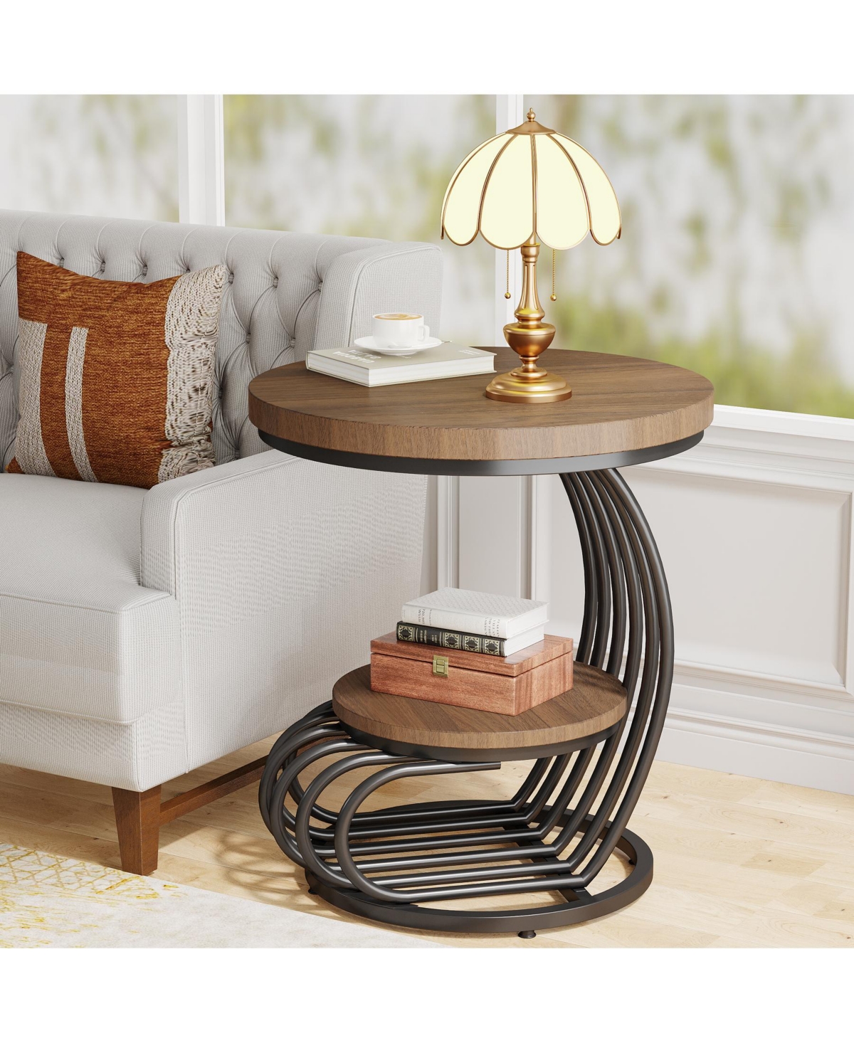 Tribesigns Round End Side Table: 2 Tiers Side Table Set of 2, Vintage End Table for Living Room, Bedside Table Accent Table with Arc-Shaped Fram