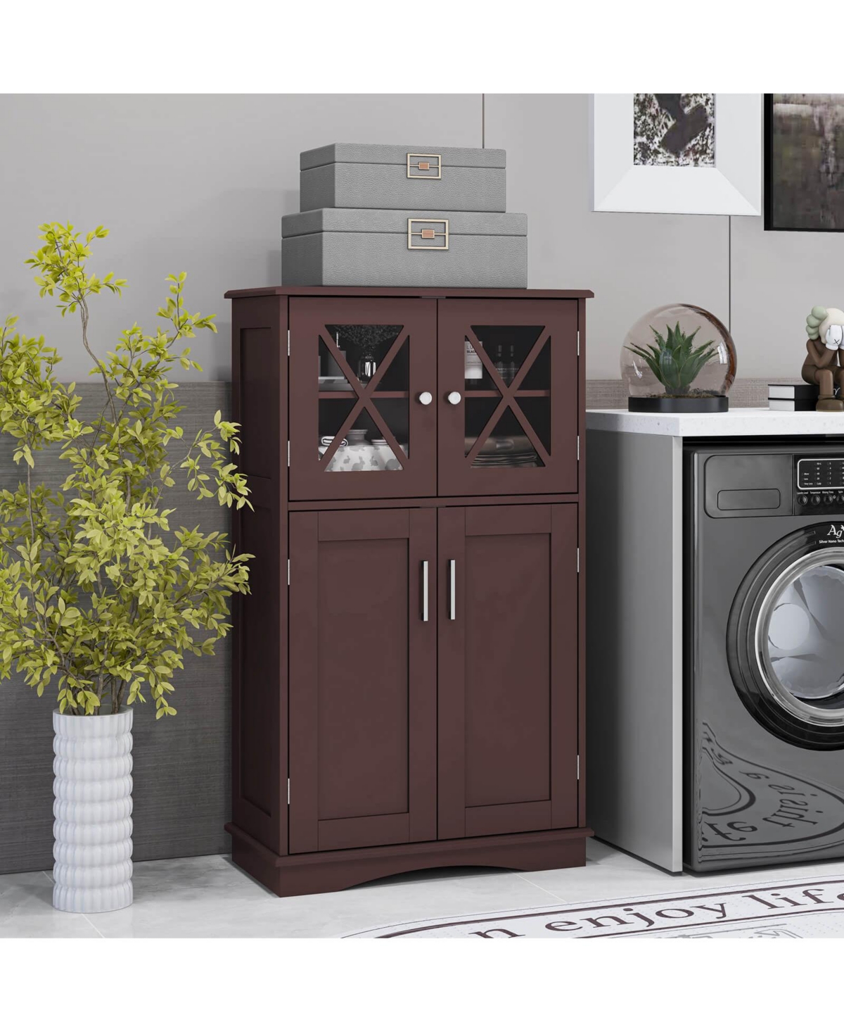 Costway Bathroom Storage Cabinet Linen Storage Cabinet with Doors and Adjustable Shelves