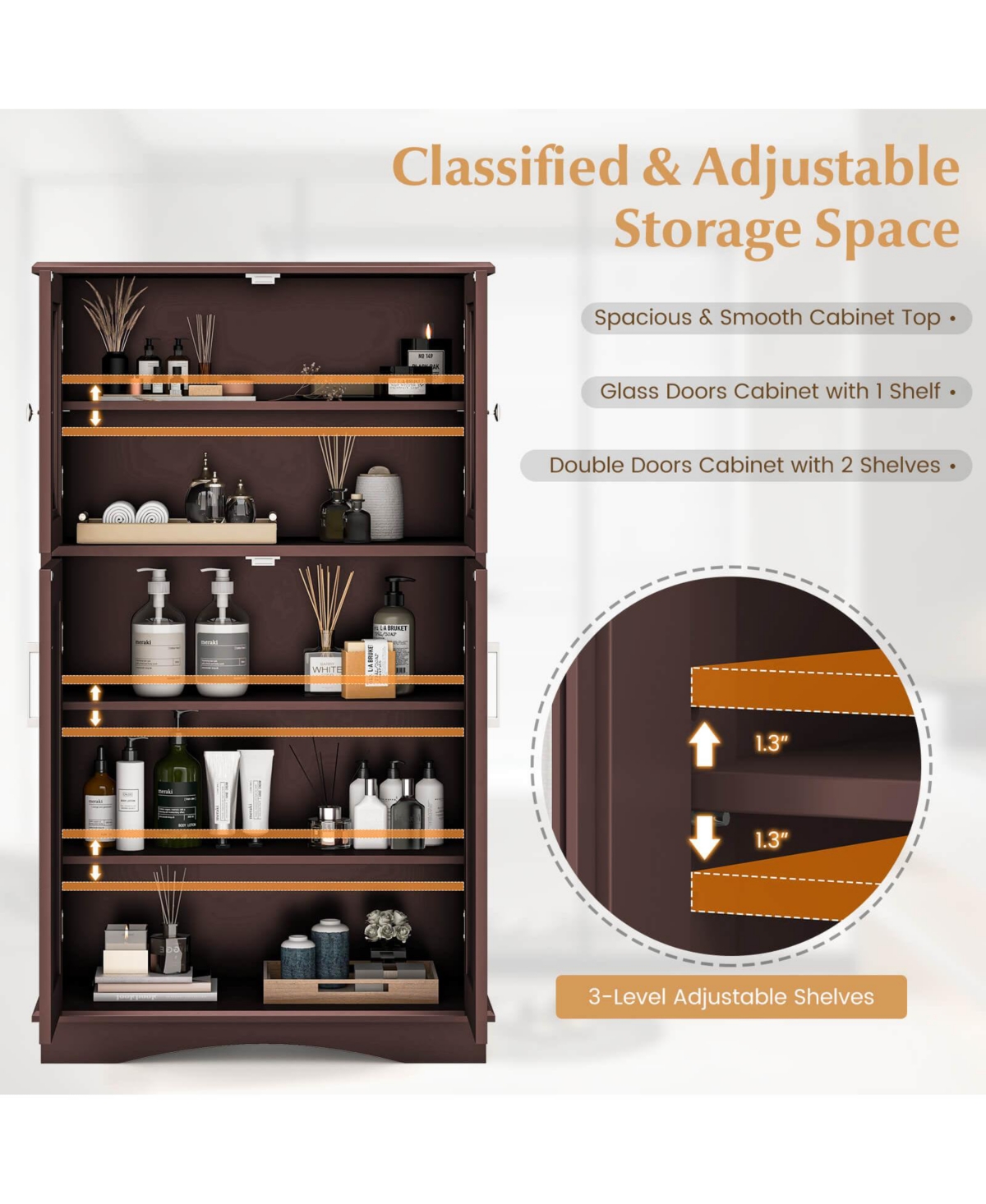 Costway Bathroom Storage Cabinet Linen Storage Cabinet with Doors and Adjustable Shelves