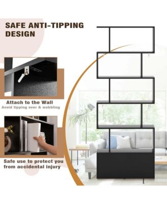 6-Tier S-Shaped Bookcase Storage Rack Bookshelf with Cabinet Anti-toppling Devices