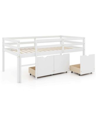 Twin Size Low Loft Bed with 3 Drawers Ladder & Full-length Guardrails Storage