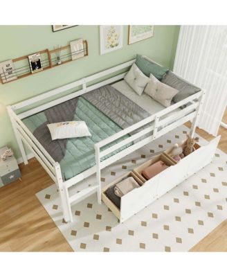 Twin Size Low Loft Bed with 3 Drawers Ladder & Full-length Guardrails Storage