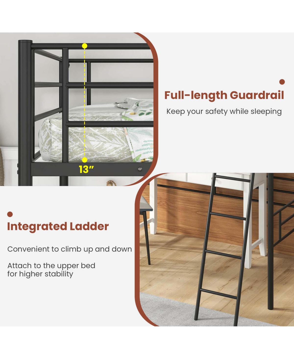 Twin Metal Loft Bed Frame with Ladder Loft Bed with Safety Guardrails