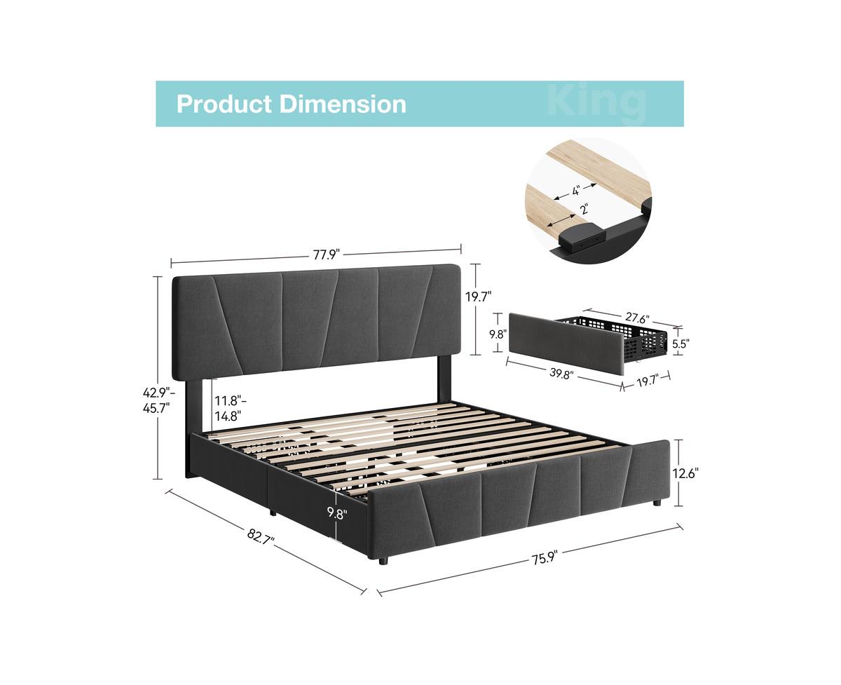 gaomon Bed Frame with 4 Storage Drawers and Linen Upholstery Headboard and Footboard, Mattress Foundation with Wooden Slats Support, No Box Spri