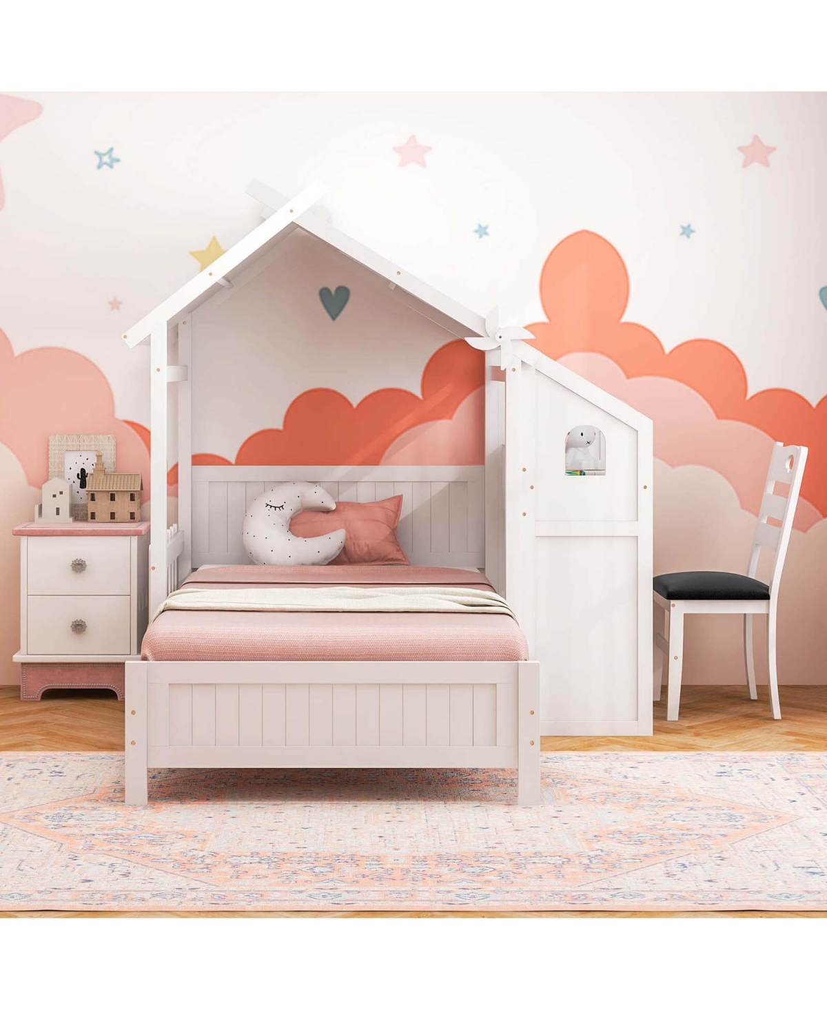 Twin House Bed with Desk & Chair with 2 Drawers Windmill Fence & Headboard for Teens