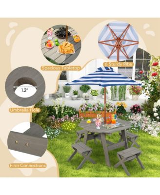 Kids Wooden Table Set with Octagon Table 4 Stools & Removable Adjustable Umbrella