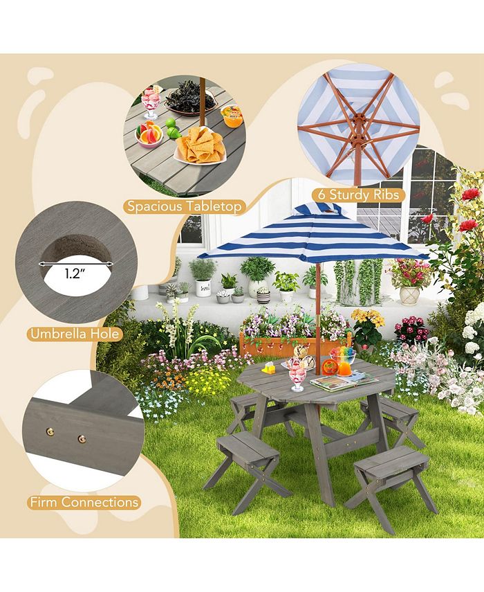 Costway Kids Wooden Table Set with Octagon Table 4 Stools & Removable