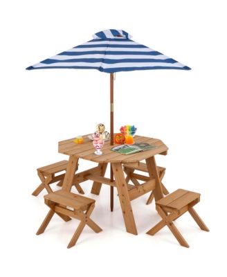 Kids 6-Piece Wooden Table Set with Octagon Table, 4 Stools, and Removable Adjustable Umbrella