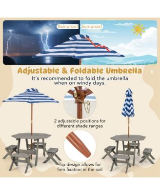 Kids Wooden Table Set with Octagon Table 4 Stools & Removable Adjustable Umbrella