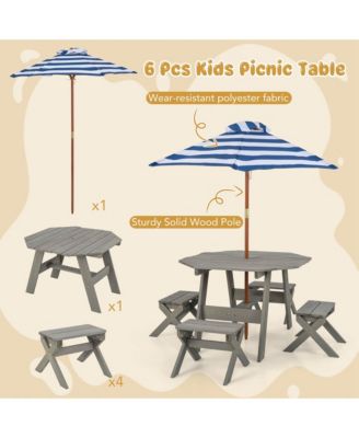 Kids Wooden Table Set with Octagon Table 4 Stools & Removable Adjustable Umbrella