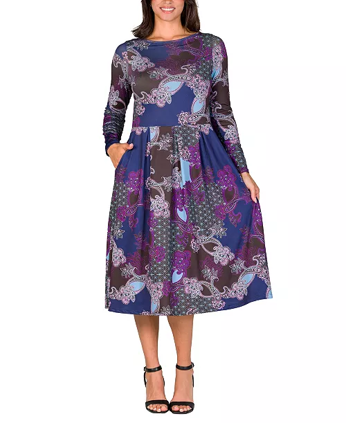 women's purple paisley midi length long sleeve pocket dress