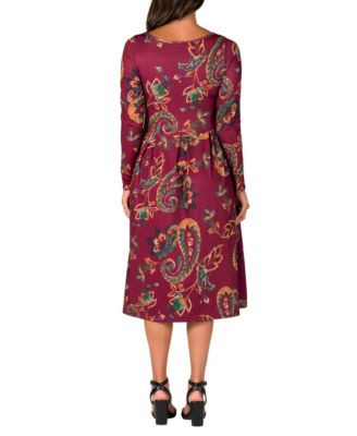Women's Wine Paisley Midi Length Long Sleeve Pocket Dress
