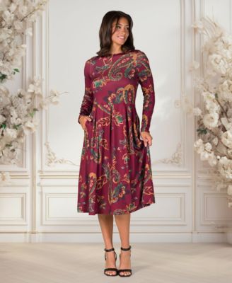 Women's Wine Paisley Midi Length Long Sleeve Pocket Dress
