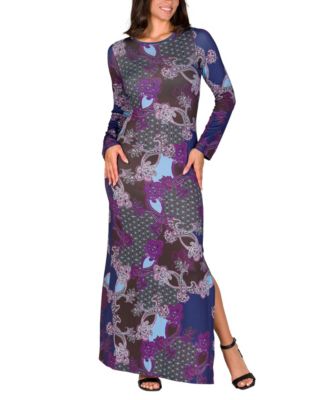 Purple Ribbed Long Sleeve Side Slit Maxi Dress