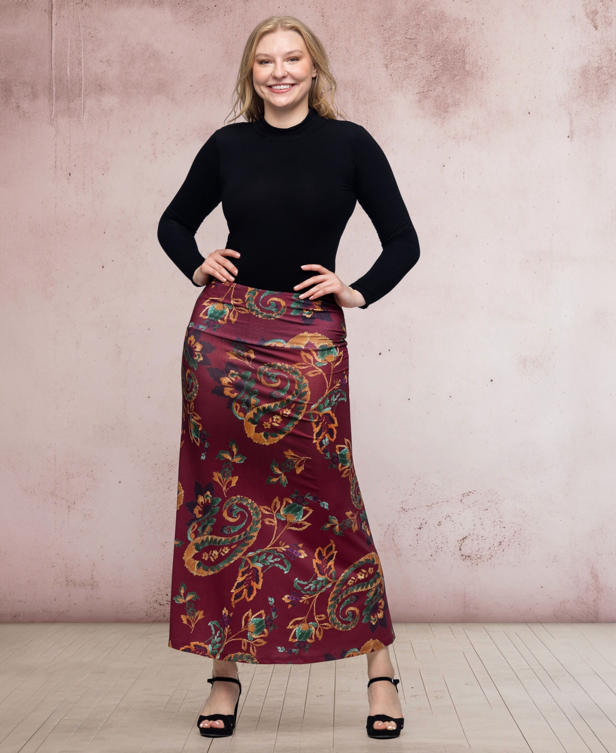 24SEVEN COMFORT APPAREL WOMEN'S WINE PRINT ELASTIC WAIST A LINE MAXI SKIRT 