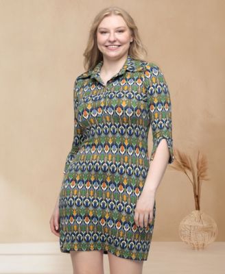 Women's Green Print Three Quarter Sleeve Mini Dress