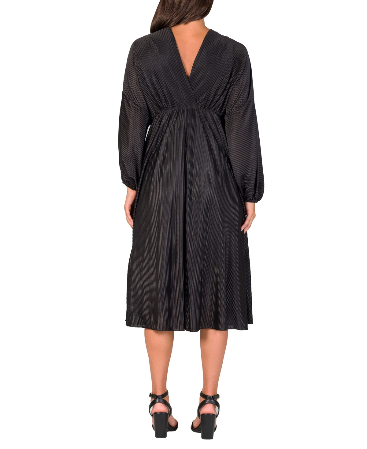 24seven Comfort Apparel Shimmer Pleated V-neck Empire Waist Bishop Sleeve Midi Dress In Black