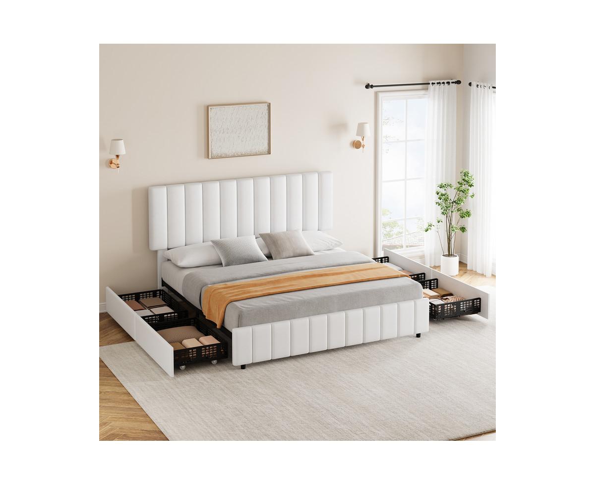 gaomon Linen Upholstered Platform Bed Frame with 4 Storage Drawers, Adjustable Headboard, Wooden Slats Support, No Box Spring Needed,- Gre