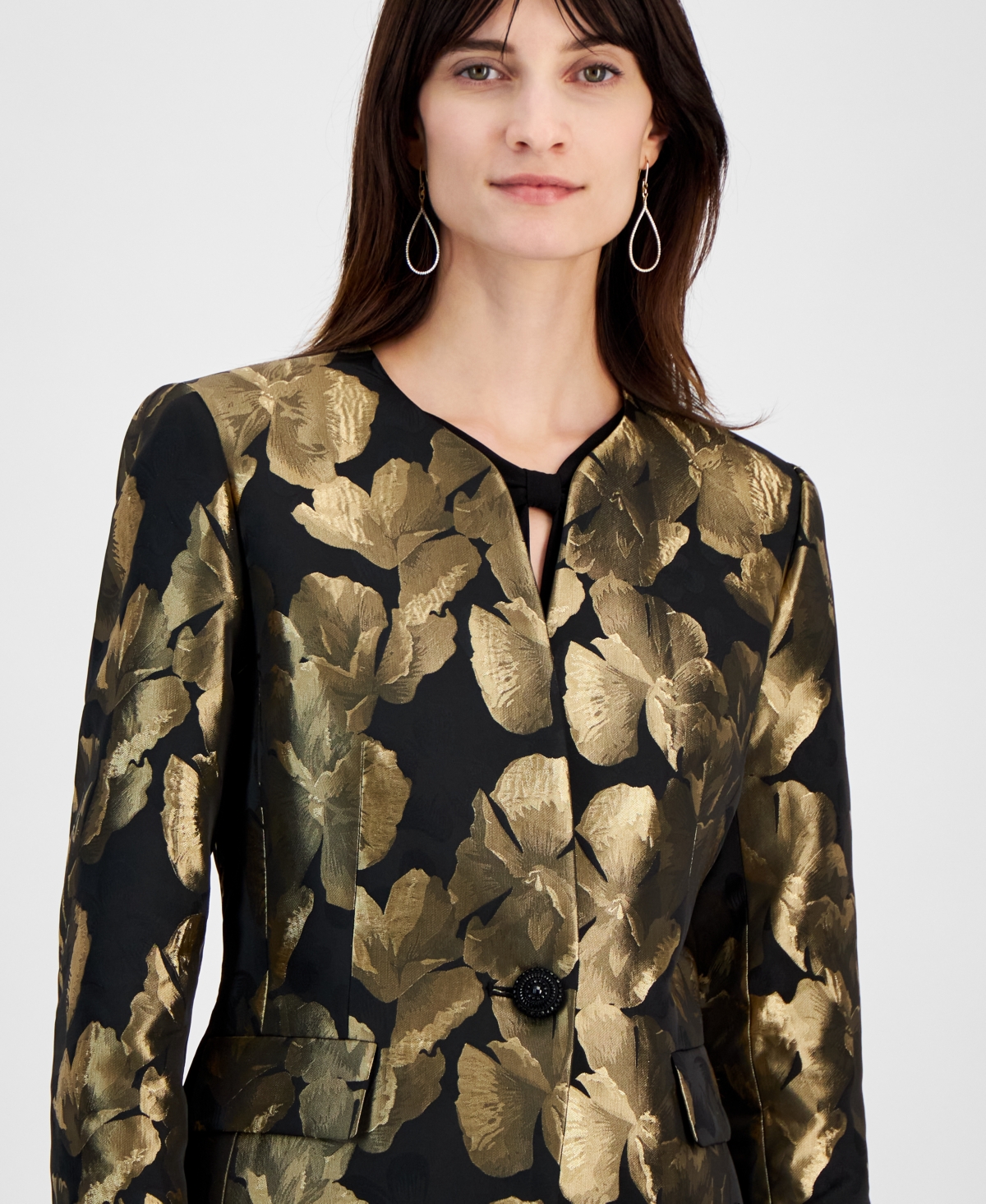 Kasper Women's Metallic Jacquard Collarless Jacket, Regular and Petite Sizes -Gold