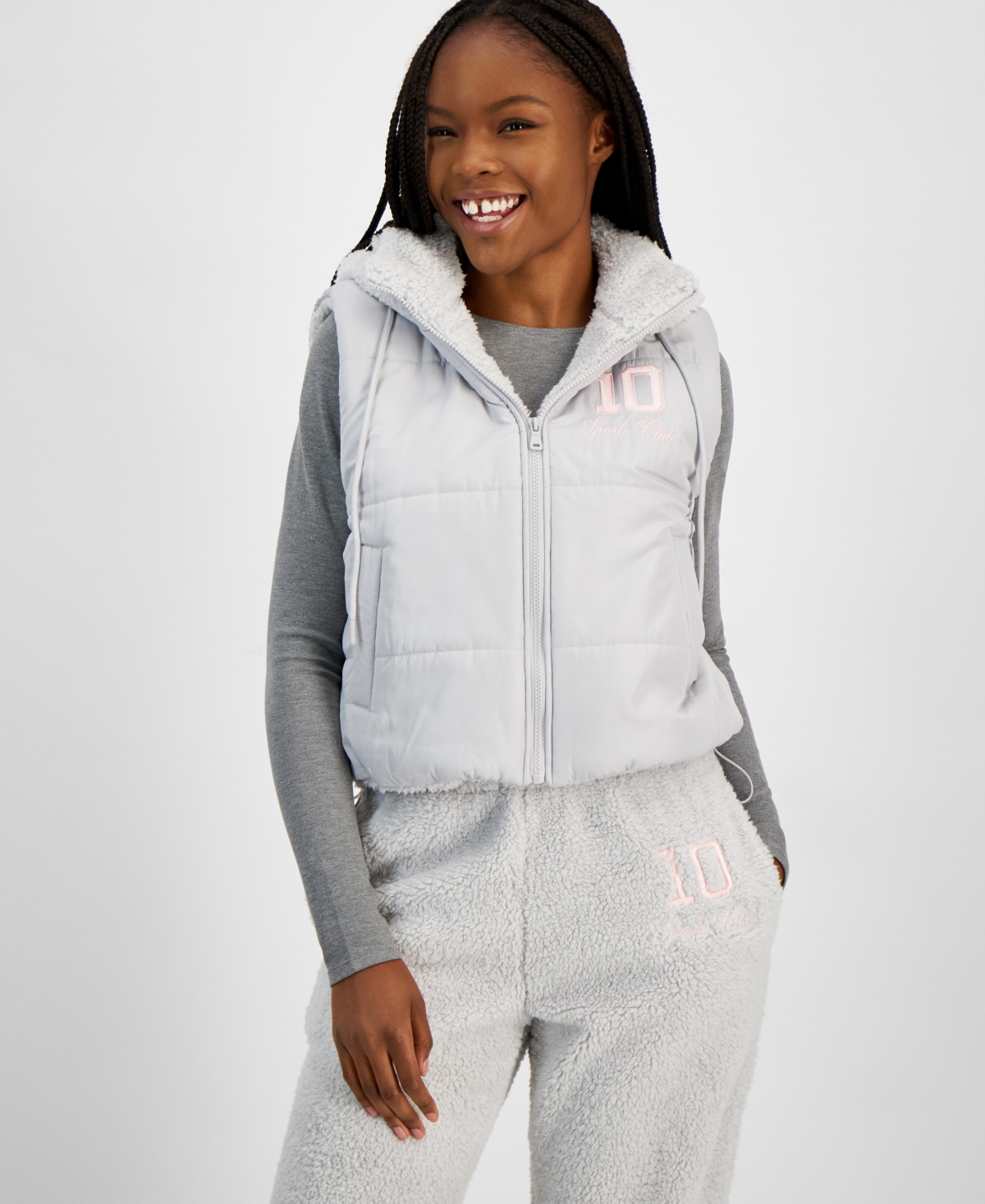 Juniors' Sherpa Hooded Puffer Vest - Grey