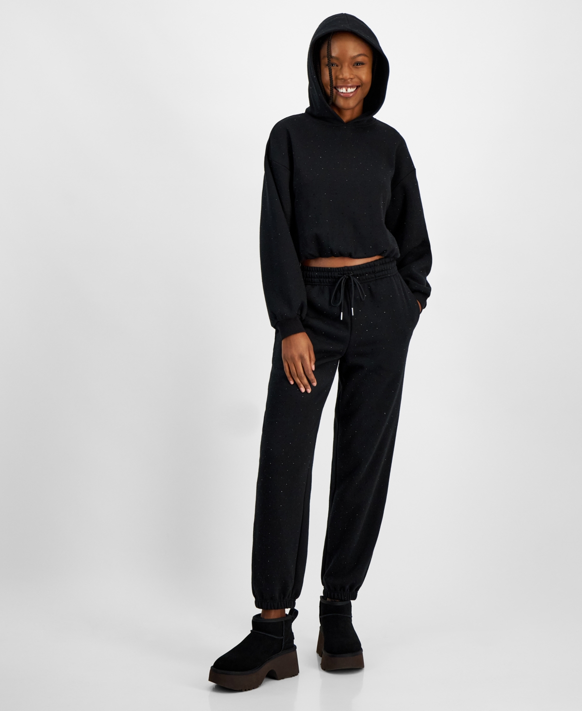 Madden Girl Juniors' Rhinestone Fleece Jogger Pants