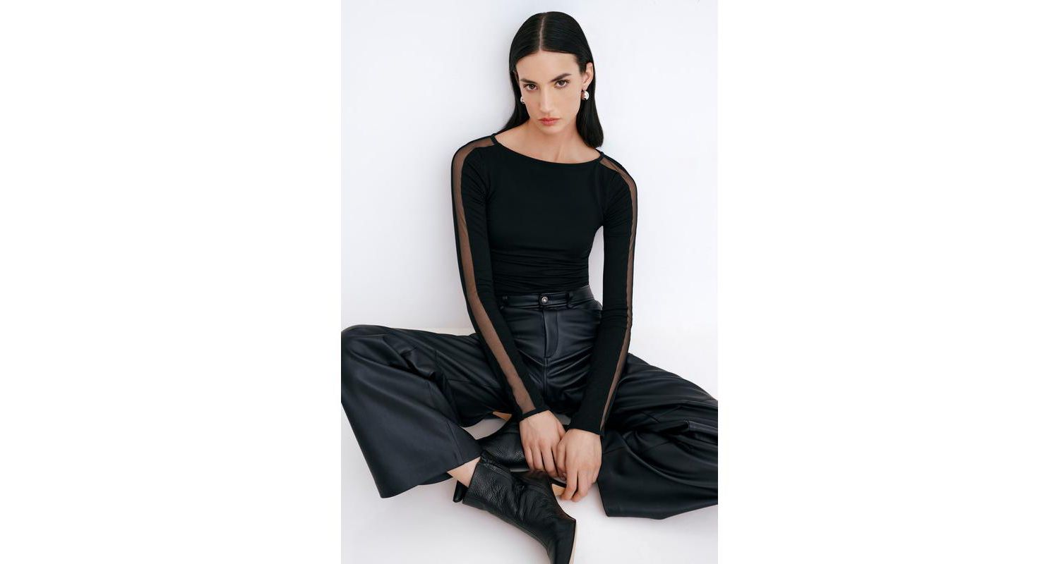 Women's Illa Boat-Neck Fitted Jersey Top with Sheer Mesh Sleeves