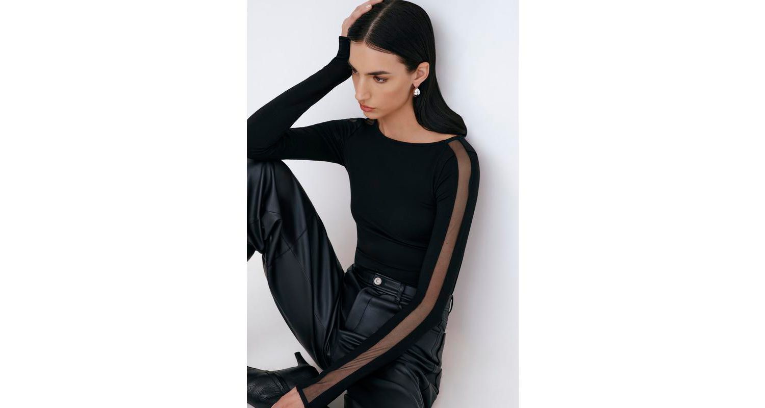 Women's Illa Boat-Neck Fitted Jersey Top with Sheer Mesh Sleeves