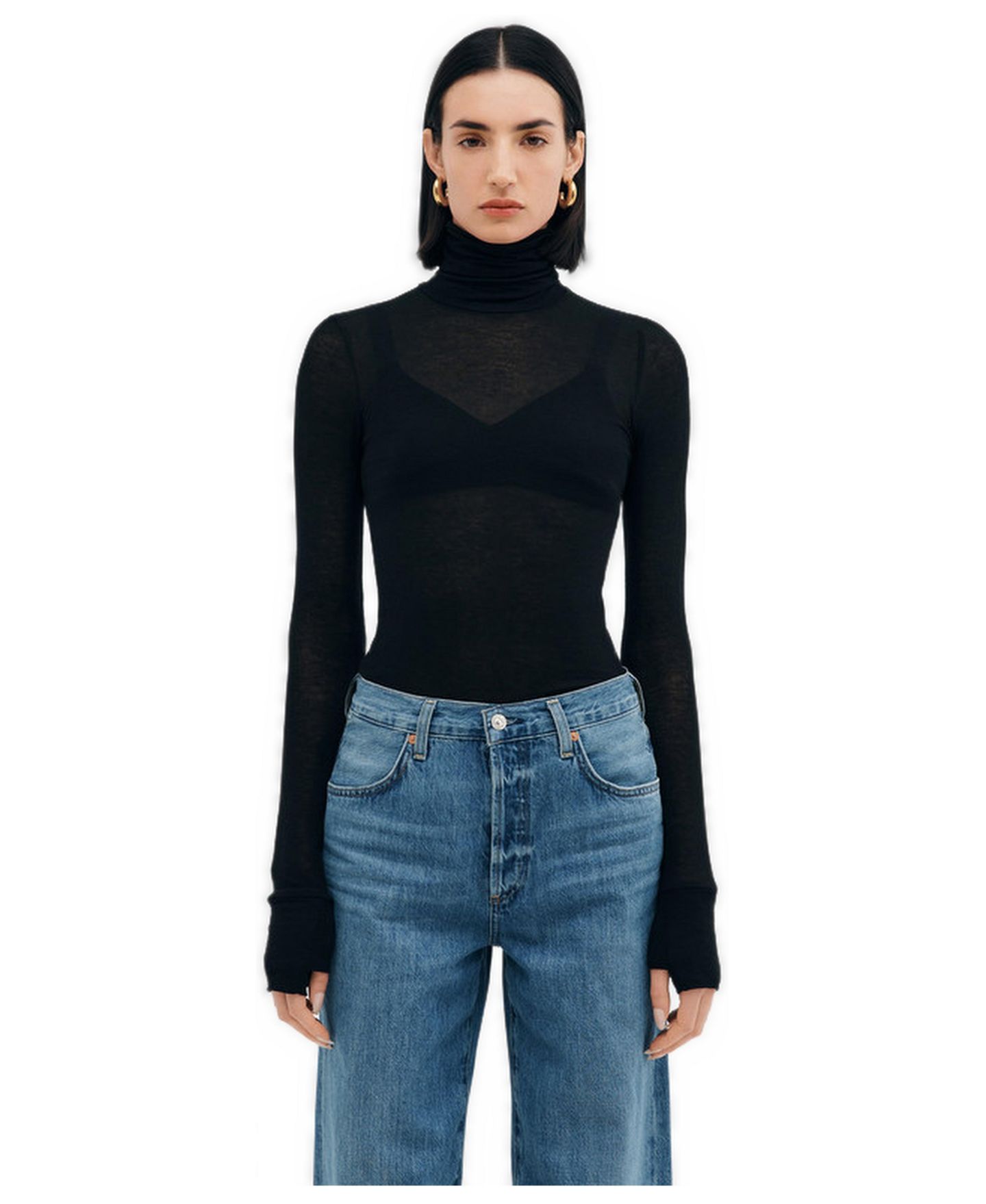Женский топ Marcella Eloise Extra-Long Sheer Jersey Fitted Turtleneck with Thumbholes, цвет: Чёрный — фото 1