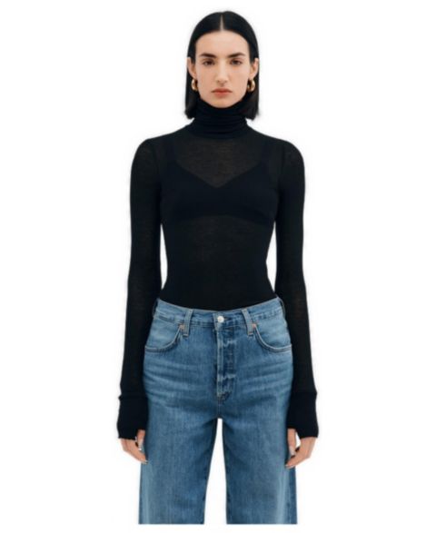 Женский топ Marcella Eloise Extra-Long Sheer Jersey Fitted Turtleneck with Thumbholes, цвет: Чёрный