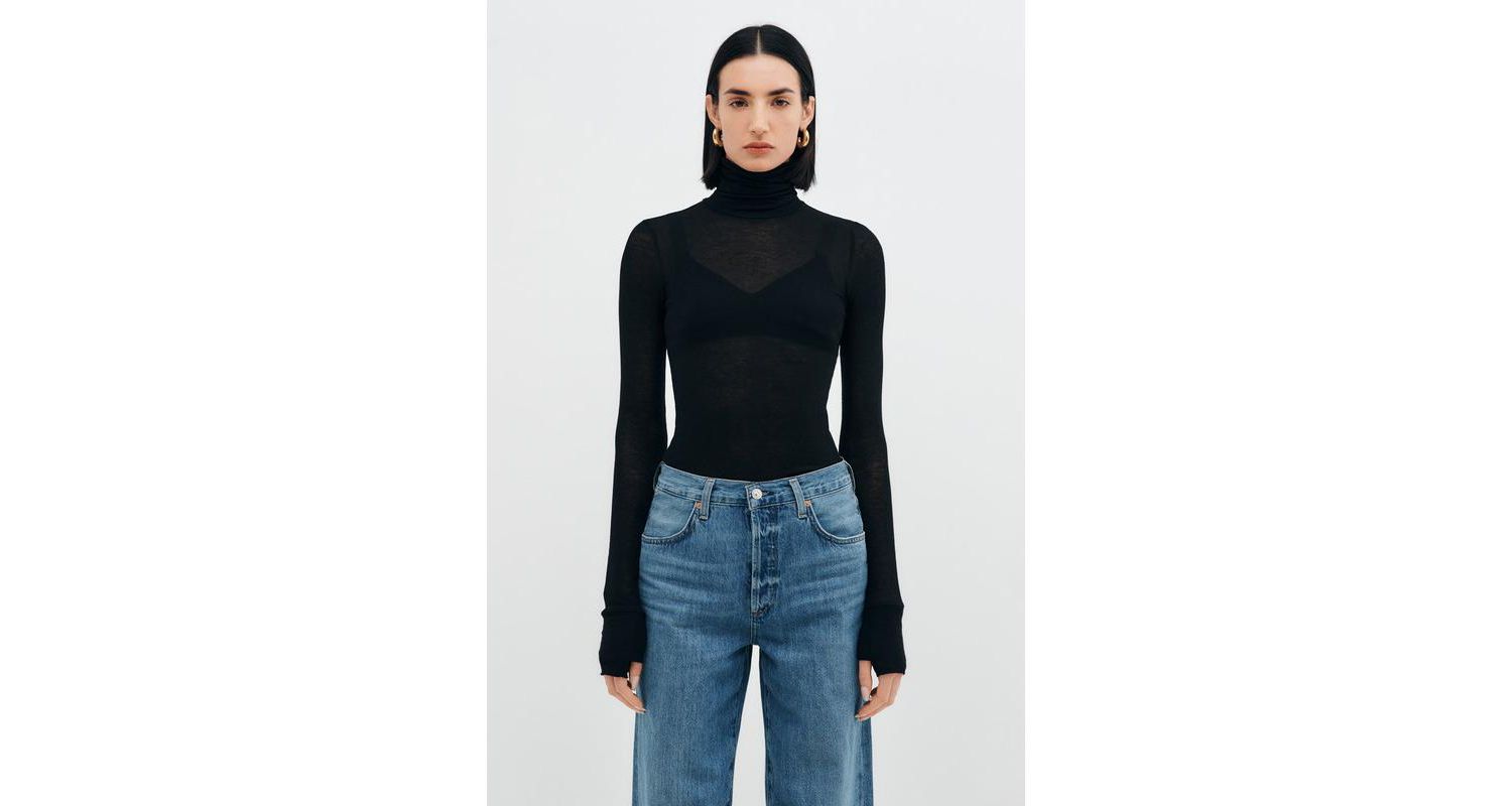 Women's Eloise Extra-Long Sheer Jersey Fitted Turtleneck with Thumbholes
