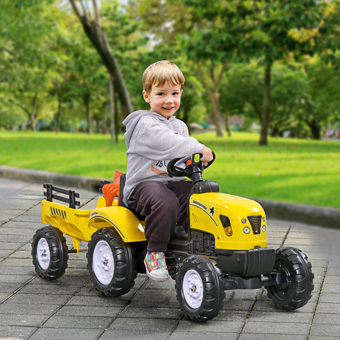 Детская игрушка Aosom Ride on Pull Tractor with Back Trailer, Metal, Shovel & Rake, 77-Lb. Capacity, Ages 3-4 — фото 2