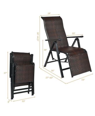 2PCS Patio Rattan Folding Lounge Chair Recliner Back Adjustable Beach Yard Pool