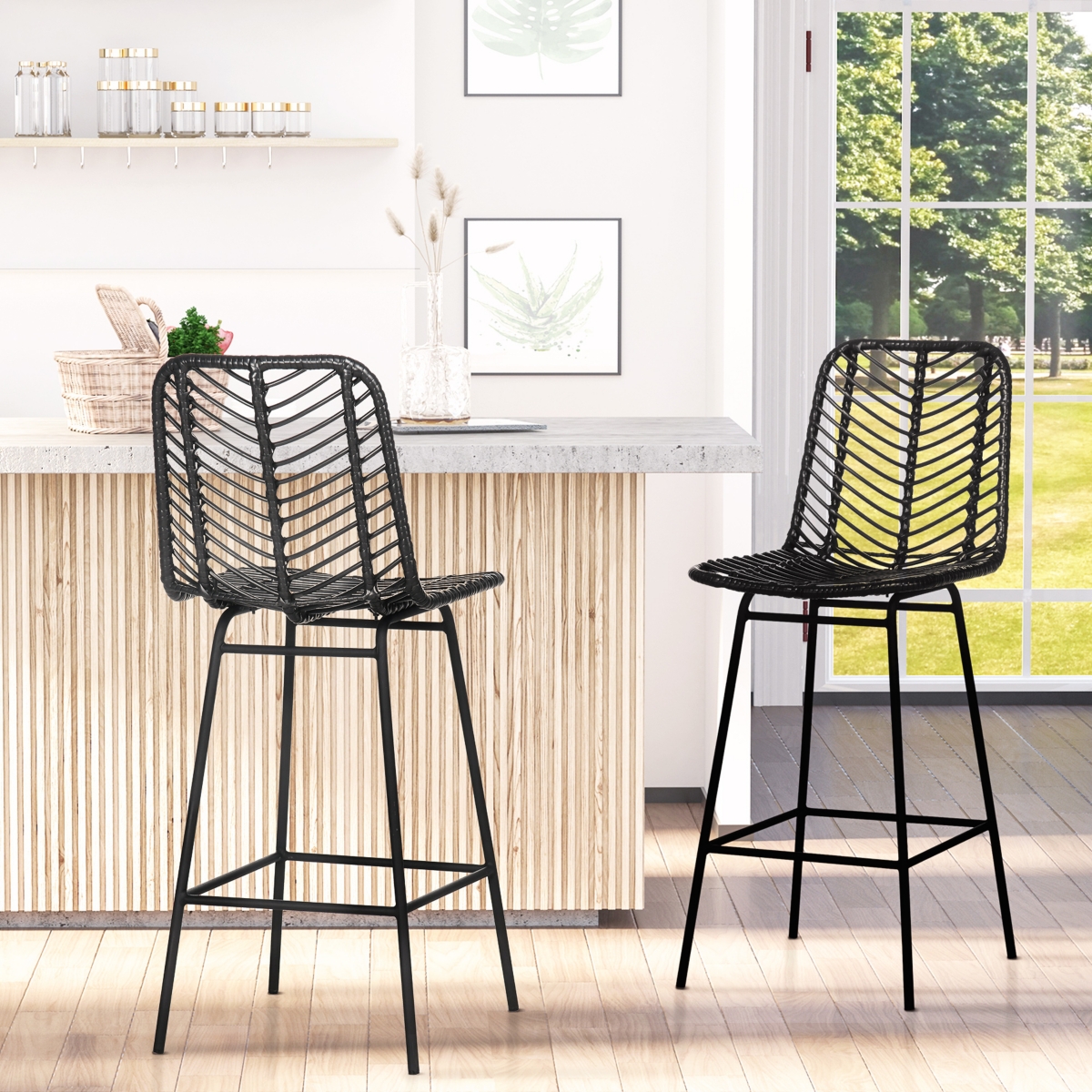 Homcom Modern Rattan Bar Stools Set of 4 for Kitchen Seating