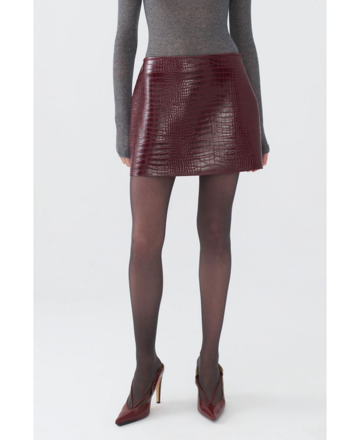 Women's Faux Leather Mini Skirt - Burgundy