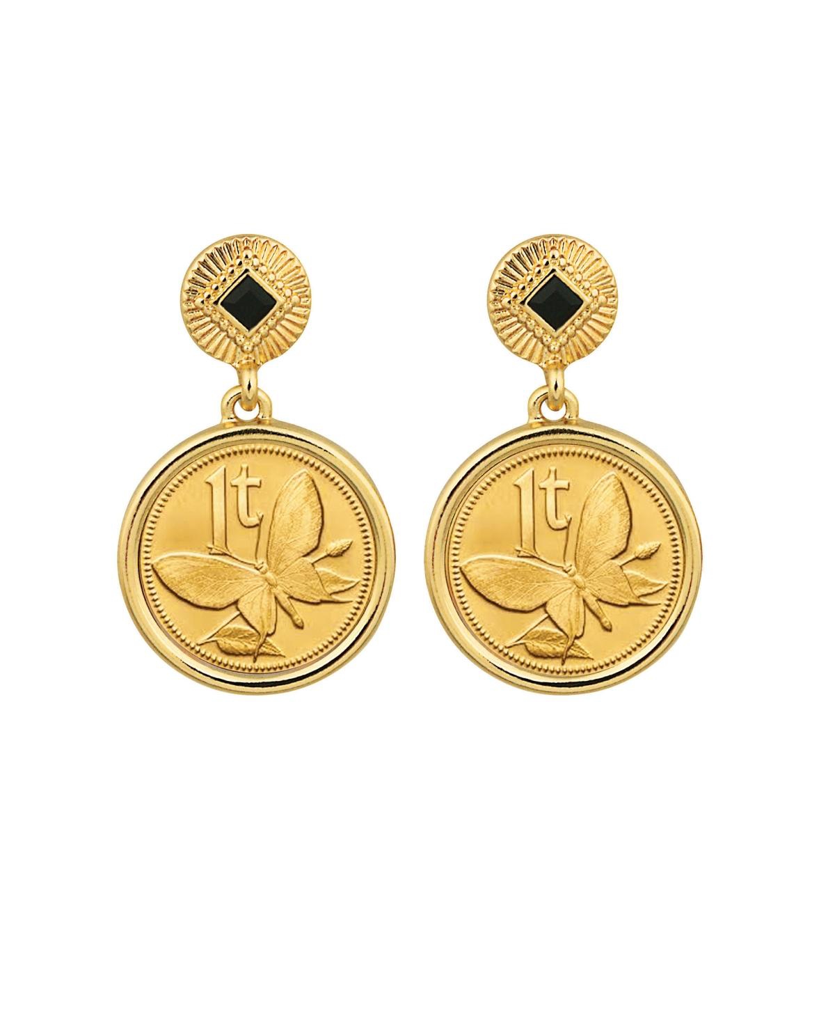 17093 Gold Layered Butterfly Coin Goldtone Art Decor Earrings with Black Stone, Gold - Black