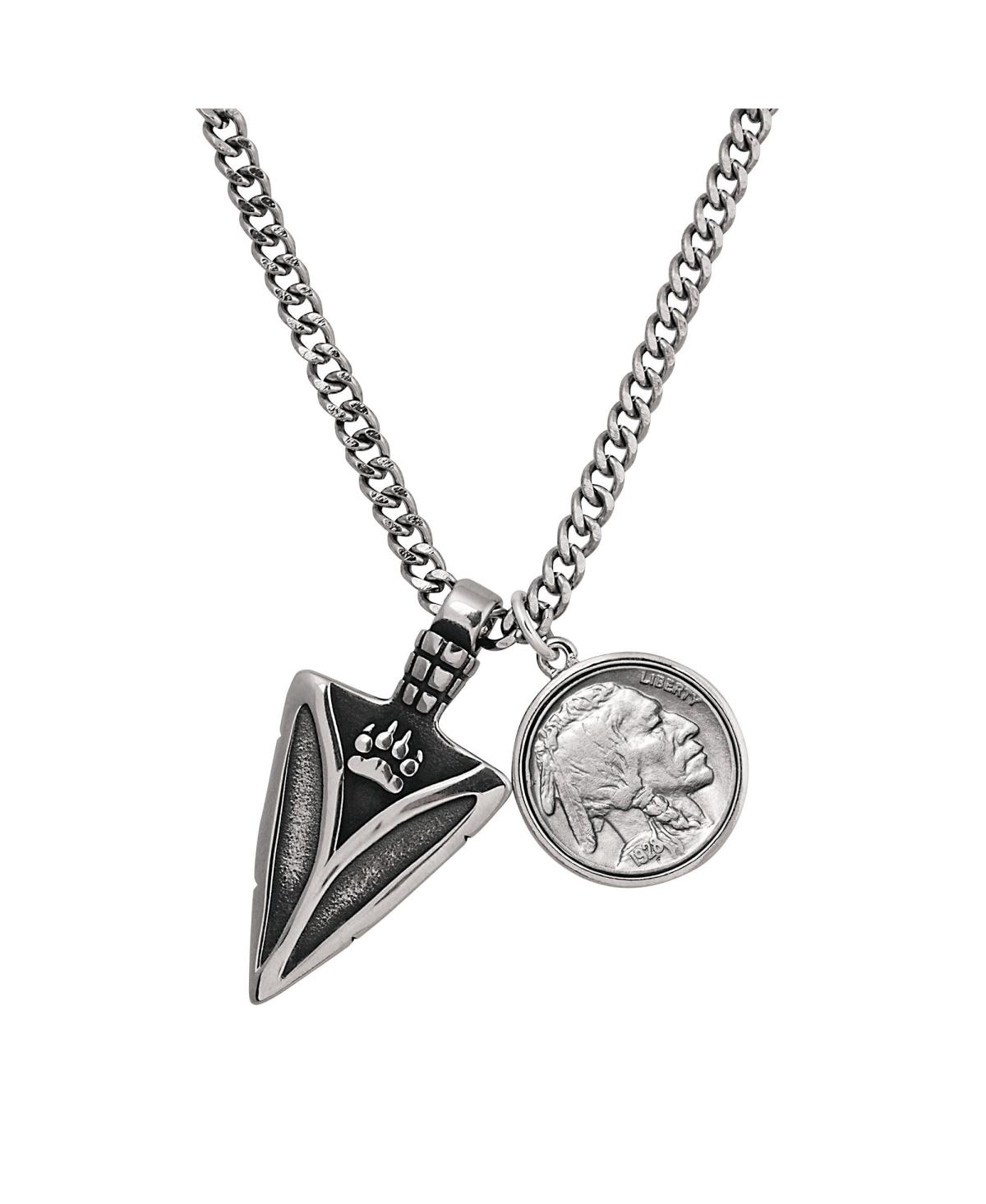 17098 23 in. Buffalo Nickel Arrowhead Stainless Steel Pendant with Curb Chain, Silver - Silver