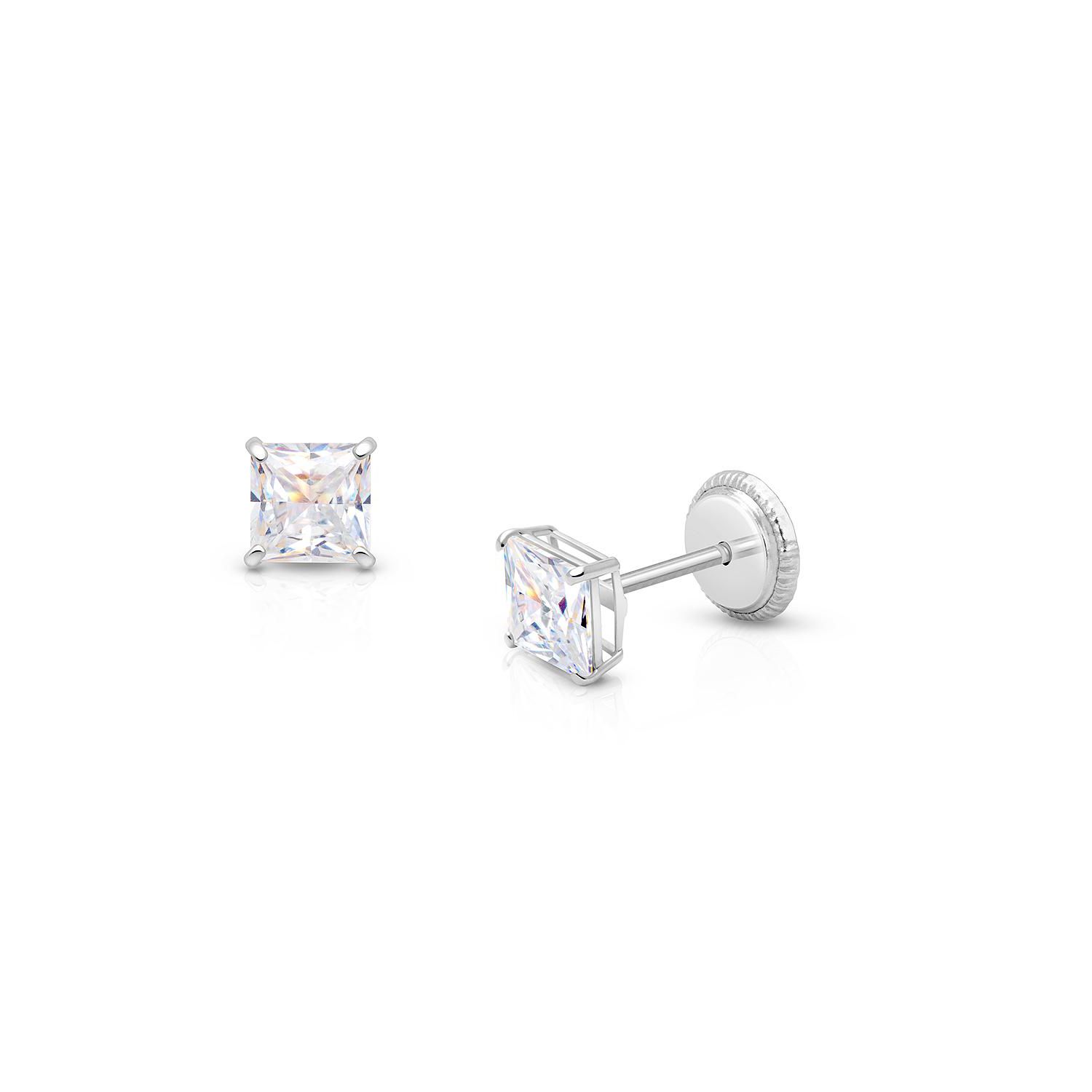14K Gold Princess Cut Studs Screw Back Earrings