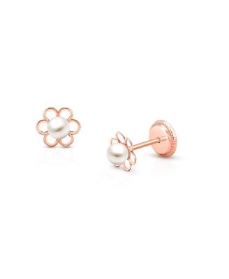 14K Gold Petals and Pearls Studs Screw Back Earrings