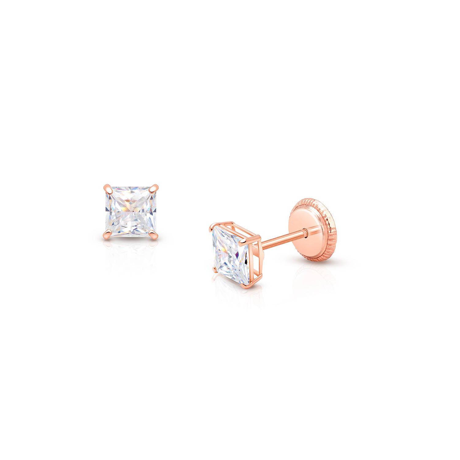14K Gold Princess Cut Studs Screw Back Earrings