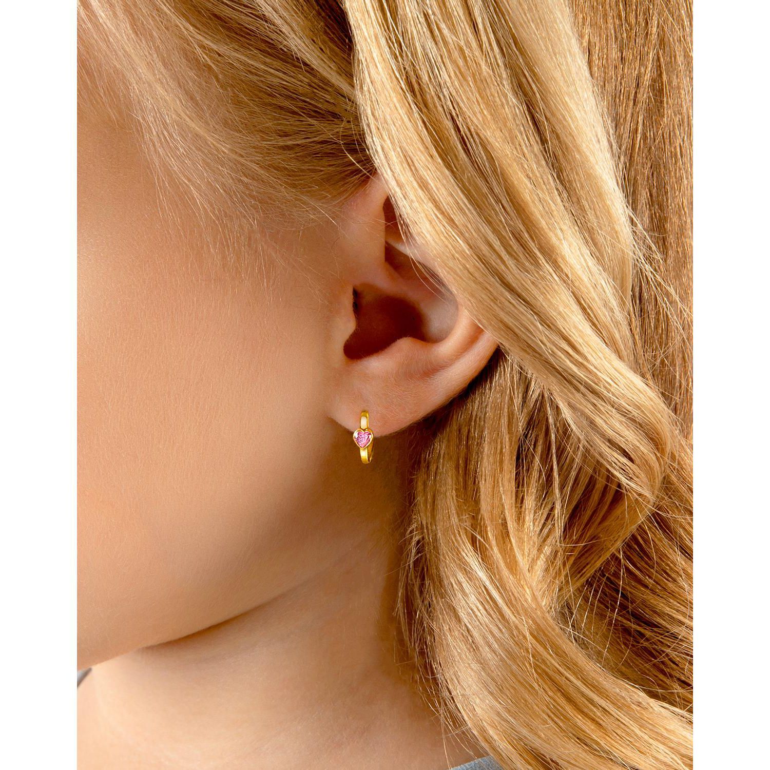 14K Gold True Love Pink Heart Huggie Hoop Earrings